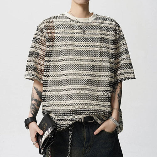 Load image into Gallery viewer, Men's T-shirts Short Sleeve New Korean Style Niche Summer Ice Silk Striped Design Pullover Personality Male Tees 9W1942
