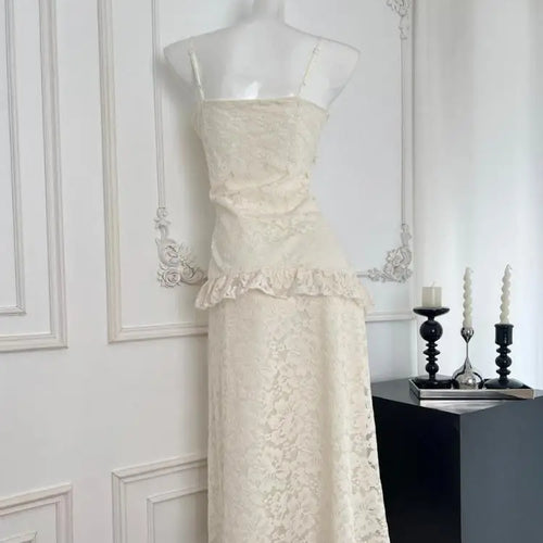 Load image into Gallery viewer, Summer 2024 French Vintage Beige Lace Sleeveless Elegant Spaghetti Strap Long Dress Women Backless Ruffles Party Evening Dresses
