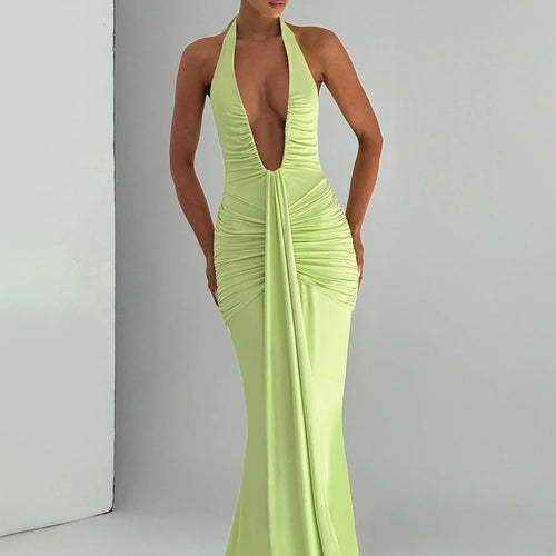 Load image into Gallery viewer, Deep V Neck Backless Ruched Sexy Maxi Dress Women Gown Summer Halter Sleeveless Draped Club Party Long Dress 2025
