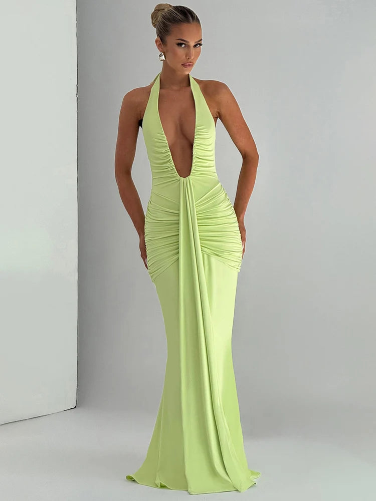 Deep V Neck Backless Ruched Sexy Maxi Dress Women Gown Summer Halter Sleeveless Draped Club Party Long Dress 2025