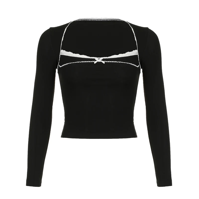 y2k Gothic Lace Trim Bow Slim Autumn T shirt Female Korean Fashion Cute Tee Top Coquette Clothes Square Neck Vintage