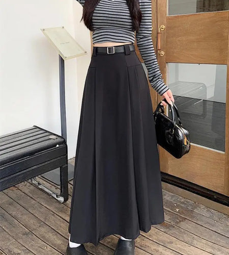 French Vintage Women Black Grey Elegant A-line Long Skirt 2024 New Autumn Winter Brown Versatile Pleated Skirt Streetwear simple