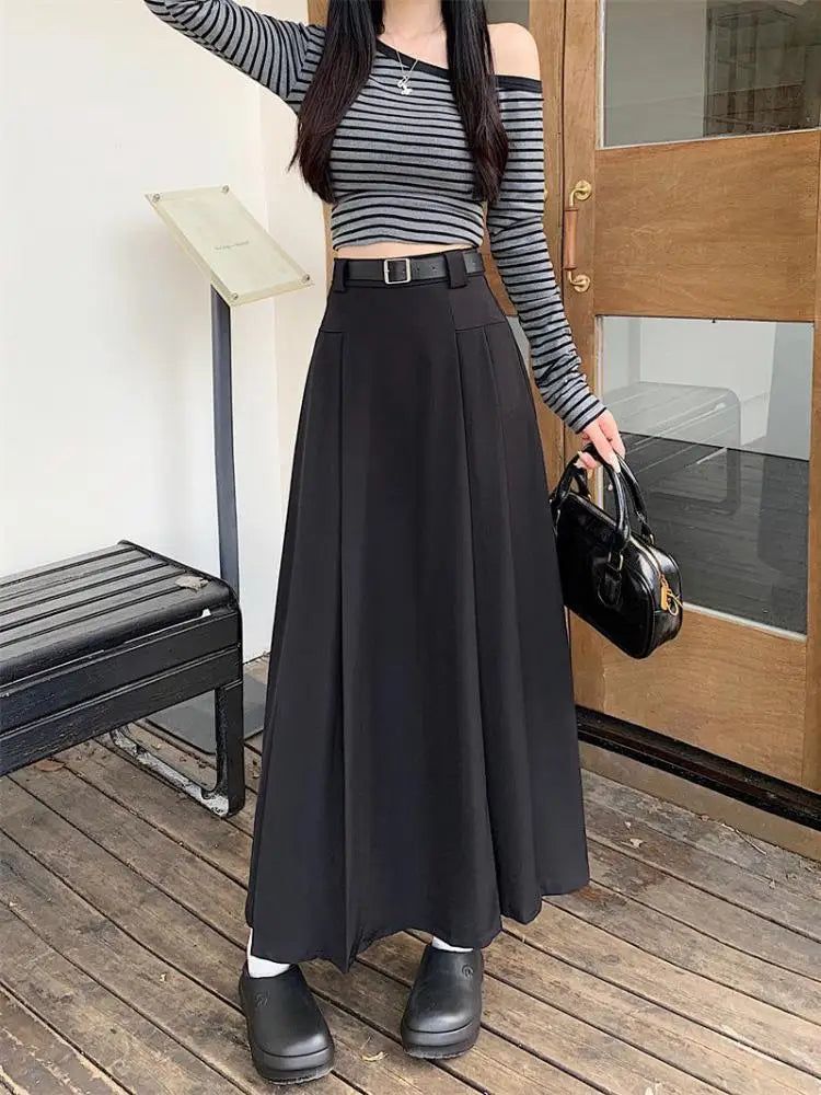 French Vintage Women Black Grey Elegant A-line Long Skirt 2024 New Autumn Winter Brown Versatile Pleated Skirt Streetwear simple