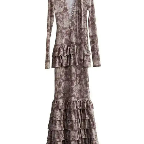 Load image into Gallery viewer, Women Beige Hollow Out Bandge Ruffles Long Elegant Dress New V-Neck Long Sleeve Fashion Tide Spring Autumn 2025 1DH4719
