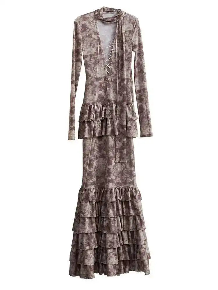 Women Beige Hollow Out Bandge Ruffles Long Elegant Dress New V-Neck Long Sleeve Fashion Tide Spring Autumn 2025 1DH4719