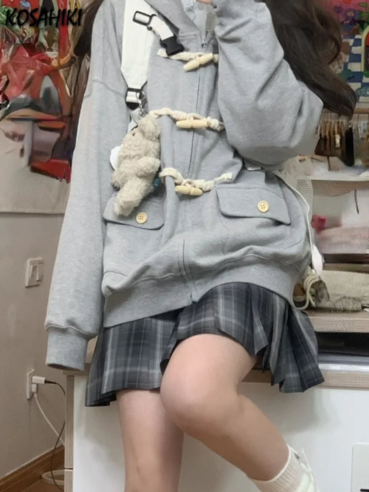 Y2k Aesthetic Horn Button Jacket Womens Jackets 2025 Autumn New Korean Kawaii Solid Preppy Clothes Casual All Match Femme Tops