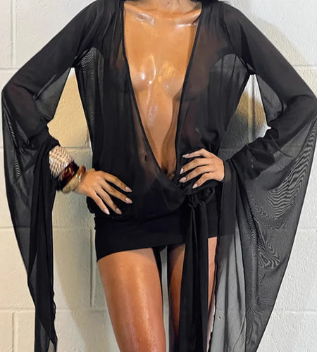 Mesh See Through Sexy Mini Dress For Women Black Sheer Mesh Deep V Neck Long Sleeve Backless Draped Ruched Dress