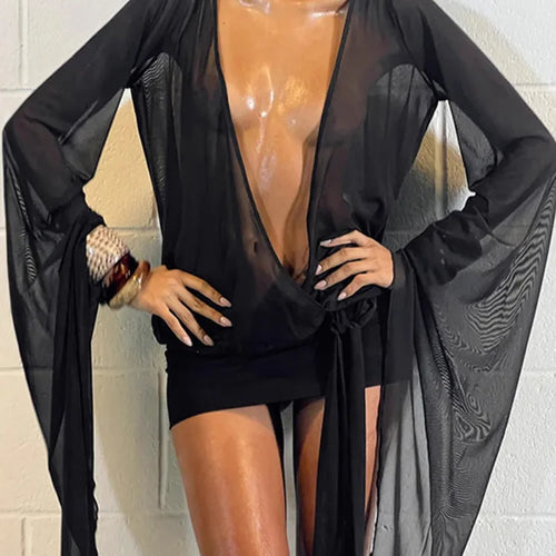 Load image into Gallery viewer, Mesh See Through Sexy Mini Dress For Women Black Sheer Mesh Deep V Neck Long Sleeve Backless Draped Ruched Dress
