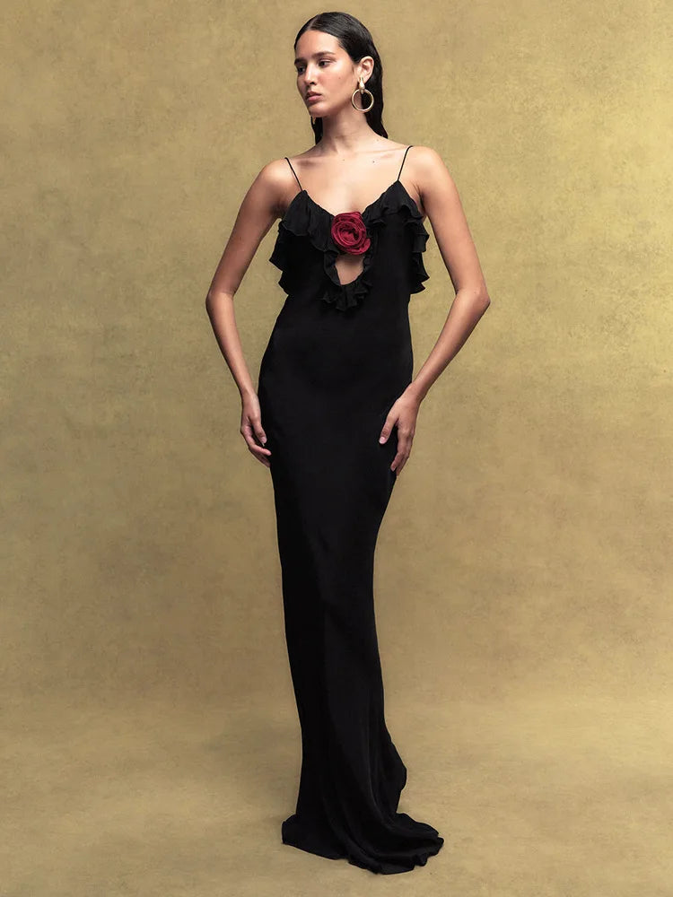 Rose Polka Dot Maxi Dress For Women Gown Spaghetti Strap Off-shoulder Sleeveless Backless Elegant Evening Club Dress