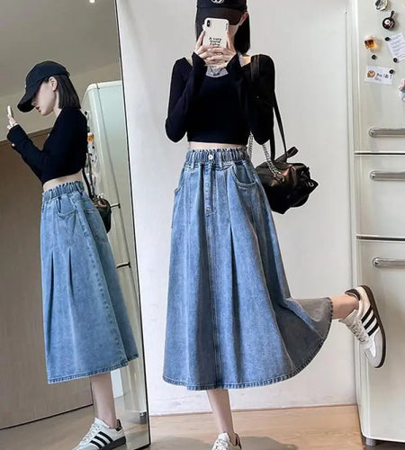 Vintage Women's Blue Elegant Plus Size Denim Jean Skirt Autumn And Winter High Waist Button Vacation Pleated Long Skirts Popular