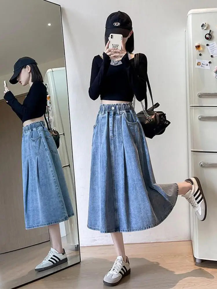 Vintage Women's Blue Elegant Plus Size Denim Jean Skirt Autumn And Winter High Waist Button Vacation Pleated Long Skirts Popular