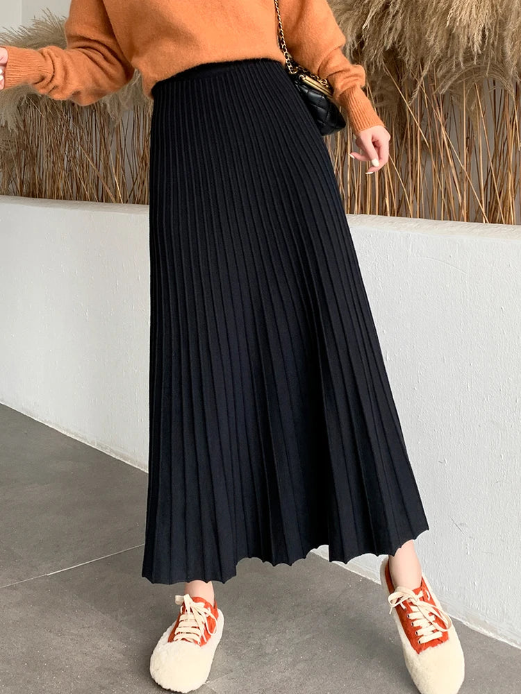 Knitted Long Maxi Skirt Women 2023 Fall Winter Casual Solid Thick Warm A Line High Waist Ankle Length Skirt Female Ladies