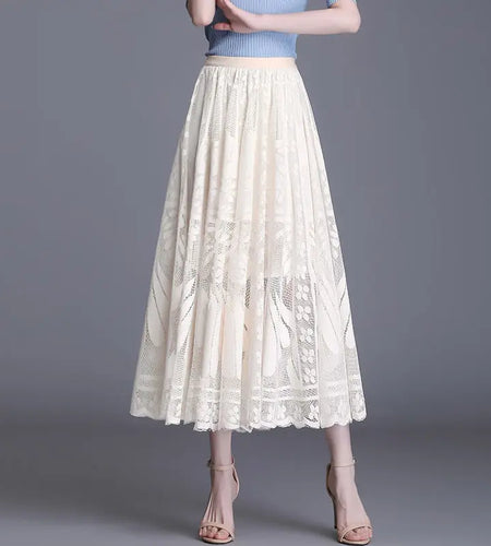 Lace Skirt Women's New A-word Long Skirt Big Swing Gauze Hollow Pleated Skirt