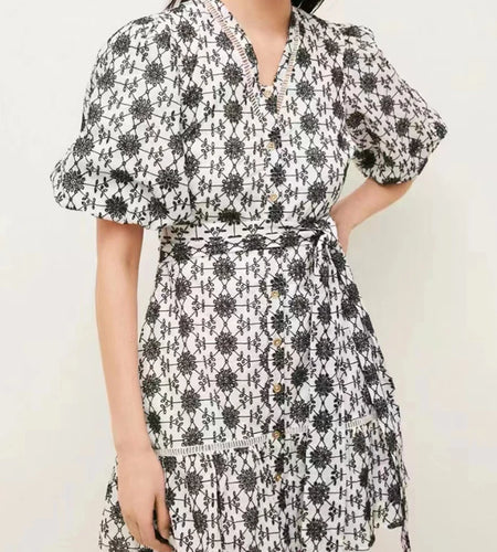 Vintage Embroidery Dress For Women V Neck Lantern Sleeve High Waist Lace Up Colorblock Mini Dresses Female Clothing Fashion