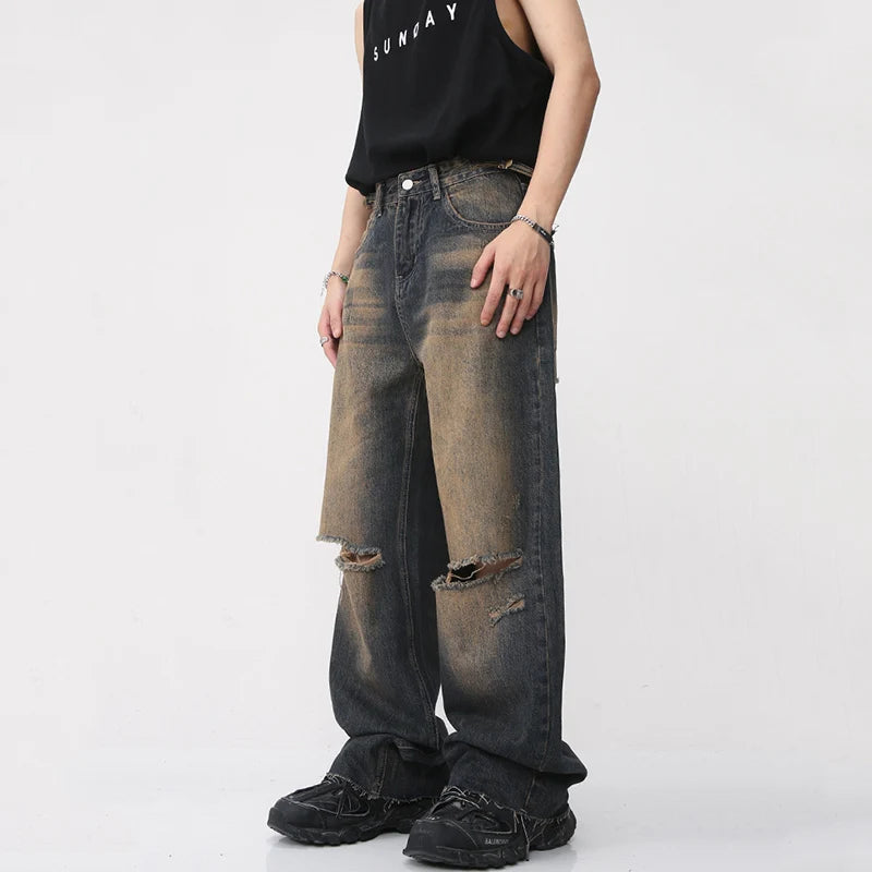 American Style Vintage Male Hiole Jeans Summer High Street Men's Wide Leg Denim Pants Gradient Straight Trousers 9A8592