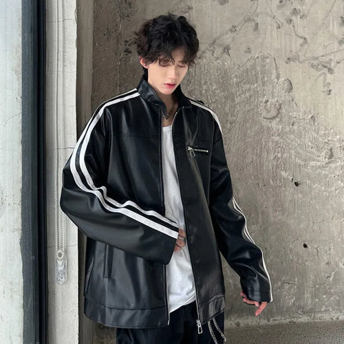 Load image into Gallery viewer, Niche Design Stand Collar Men&#39;s PU Leather Jacket Stripe Contrast Color Pockets Casual Male Jackets 2024 Autumn 9C9025
