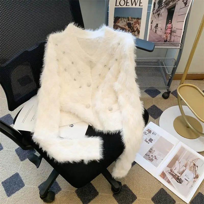 Autumn Winter French White Diamond Elegant Knitted Cardigan Tops Women's Pink V Neck Single Breasted Long Sleeve Mohair Sweater