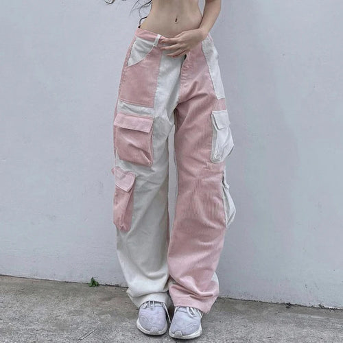 Load image into Gallery viewer, Streetwear Patchwork Straight Leg Corduroy Pants Female Basic Pockets Baggy Trousers Contrast Color Sweatpants Bottom
