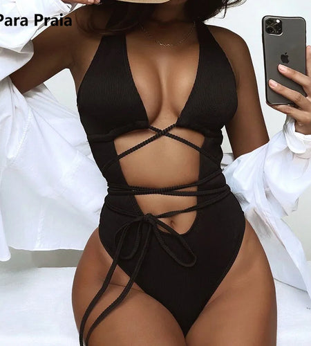 One Piece Swimsuit Bandage Swimwear for Women Sexy V Neck Bathing Suit High Waist Swimwear Hollow Out Bodysuit