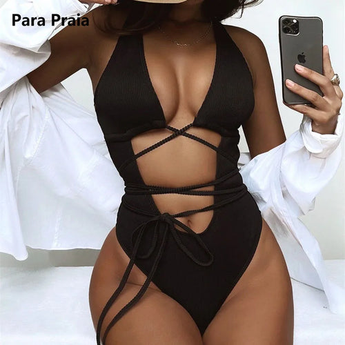 Load image into Gallery viewer, One Piece Swimsuit Bandage Swimwear for Women Sexy V Neck Bathing Suit High Waist Swimwear Hollow Out Bodysuit
