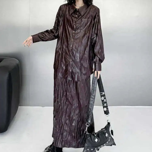 Load image into Gallery viewer, Wine Red Leather Shirt Half-body Skirt Two Pieces Suit New Lapel Long Sleeve Women Fashion Tide Spring Autumn 2025 1DH6880
