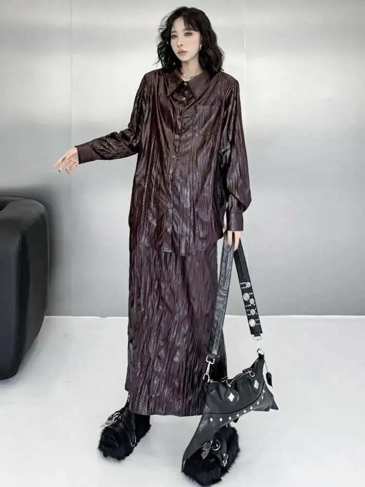 Wine Red Leather Shirt Half-body Skirt Two Pieces Suit New Lapel Long Sleeve Women Fashion Tide Spring Autumn 2025 1DH6880