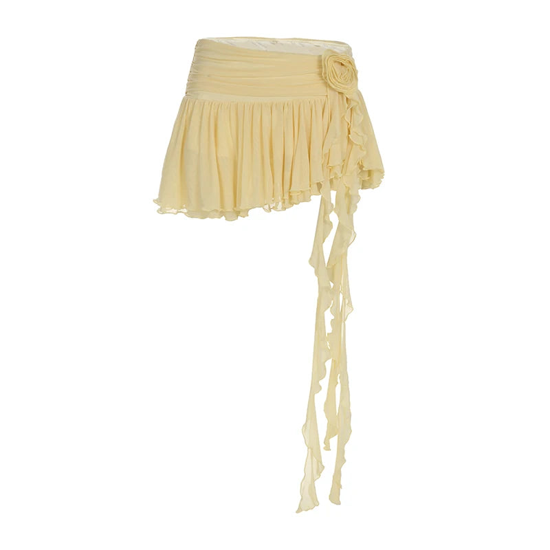 Holiday Style Asymmetric Floral Fringe Cake Skirt With Mesh Women’s Summer Yellow Hottie Mini Outfits Y2K Aesthetics