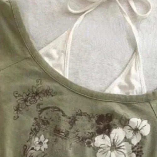 Load image into Gallery viewer, Summer Fake Two Pieces Halter Bandage Vintage T-shirts Y2k Aesthetic Slim Crop Tops Women Grunge Print Harajuku Casual Sexy Tee
