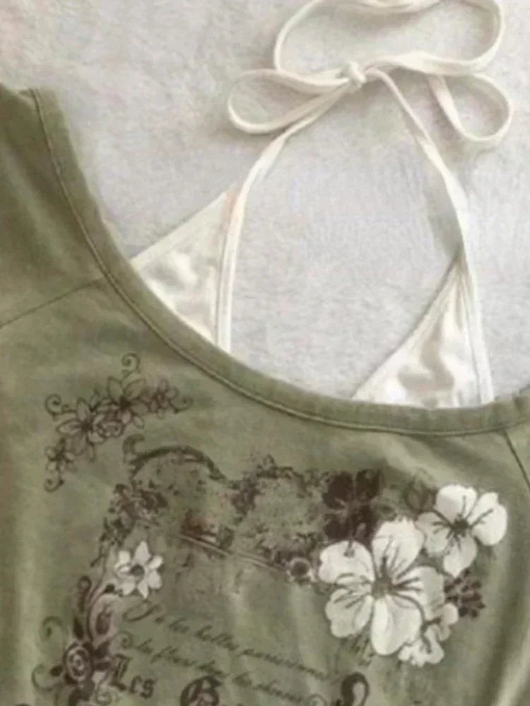 Summer Fake Two Pieces Halter Bandage Vintage T-shirts Y2k Aesthetic Slim Crop Tops Women Grunge Print Harajuku Casual Sexy Tee