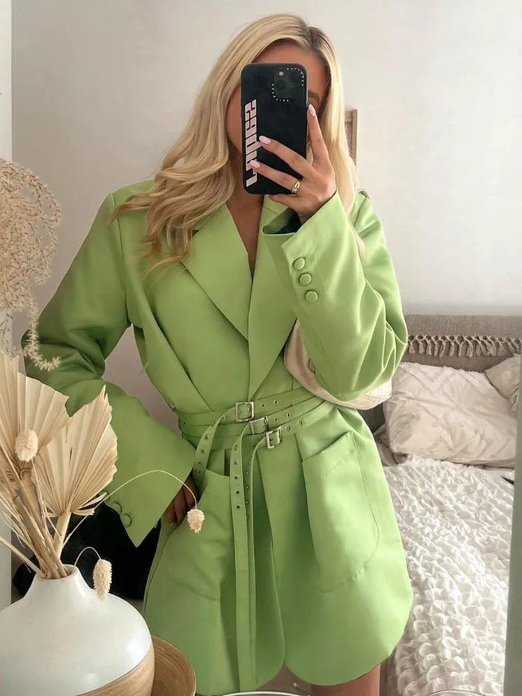 Double Layer Bandage Slim Blazer Women Long Sleeve Pocket Long Jacket Female Suit Outwear Tops Street Party 2023 Autumn