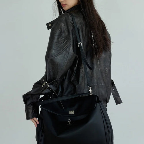 Load image into Gallery viewer, PU Leather Dark Brown Big Size Vintage Jacket New Stand Collar Long Sleeve Women Coat Fashion Spring Autumn 2025 1DH7079
