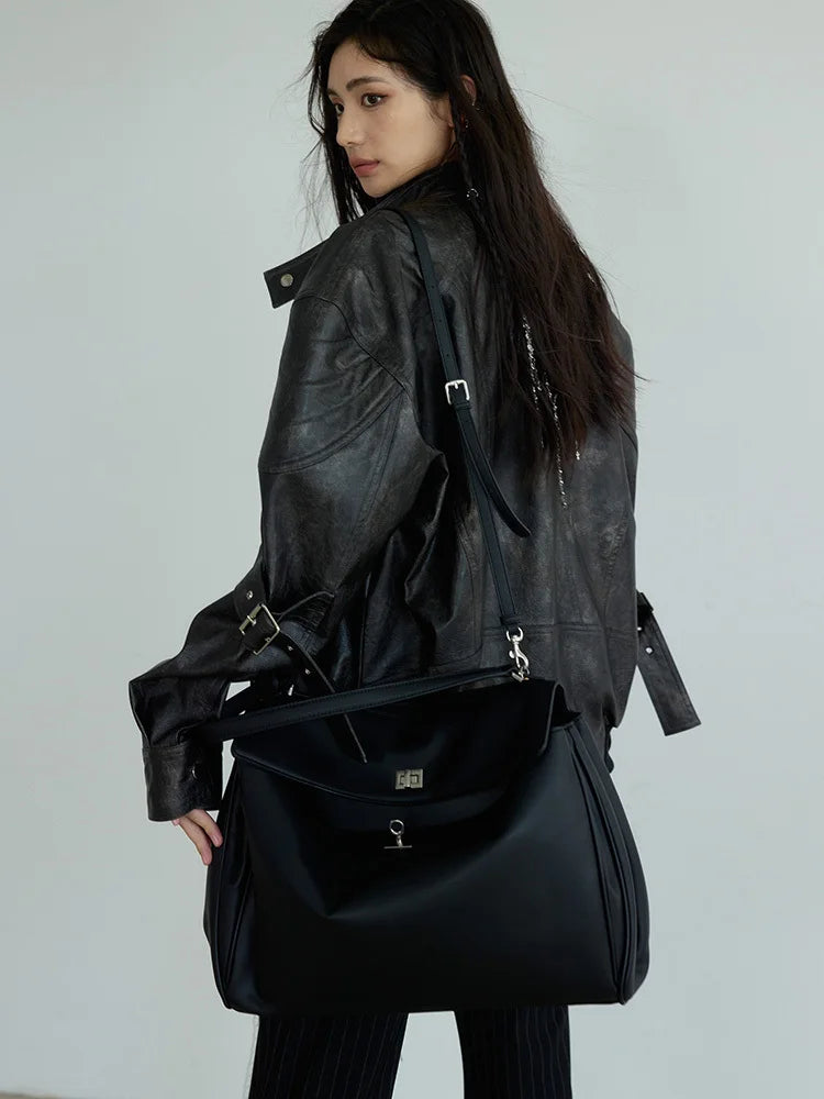 PU Leather Dark Brown Big Size Vintage Jacket New Stand Collar Long Sleeve Women Coat Fashion Spring Autumn 2025 1DH7079