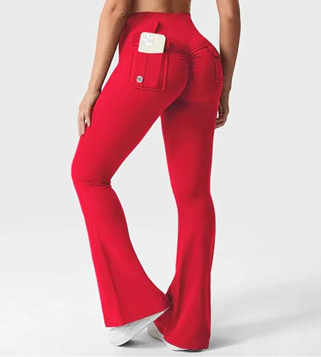 Women Flare Leggings High Waist Wide Elastic Leg Yoga Pants Sport Fitness Pocket Training Running Gym Quick Dry Workout Trousers