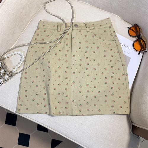 Load image into Gallery viewer, French Summer Women's Sweet Elegant Holiday Slim Wrapped Hip Short Skirt Vintage High Waist Strawberry Print Mini Skirts Fashion
