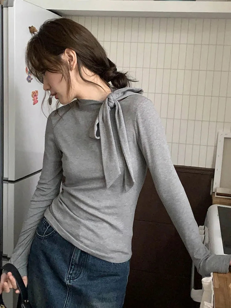 Women Vintage Y2k Aesthetic T-shirts Streetwear Bow Bottoming Grunge Fairy Tshirts 2025 Spring Half Harajuku Solid Simple Tees