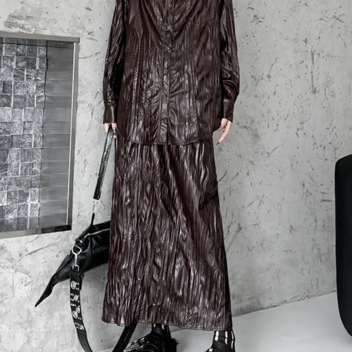 Load image into Gallery viewer, Wine Red Leather Shirt Half-body Skirt Two Pieces Suit New Lapel Long Sleeve Women Fashion Tide Spring Autumn 2025 1DH6880
