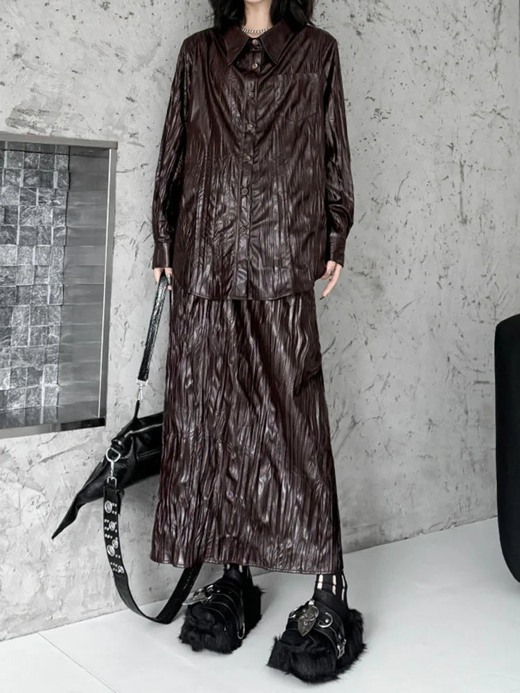 Wine Red Leather Shirt Half-body Skirt Two Pieces Suit New Lapel Long Sleeve Women Fashion Tide Spring Autumn 2025 1DH6880