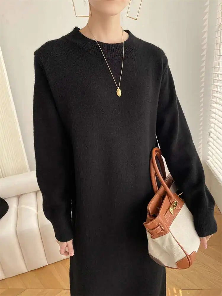 Women Rose Red Casual Midi Elegant Knitting Dress New Round Neck Long Sleeve Fashion Tide Spring Autumn 2025 1DH6450