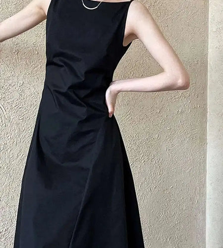 Women Black Pleated Elegant Pleated Long A-line Dress New Round Neck Sleeveless Fashion Tide Spring Summer 2025 1DH6117