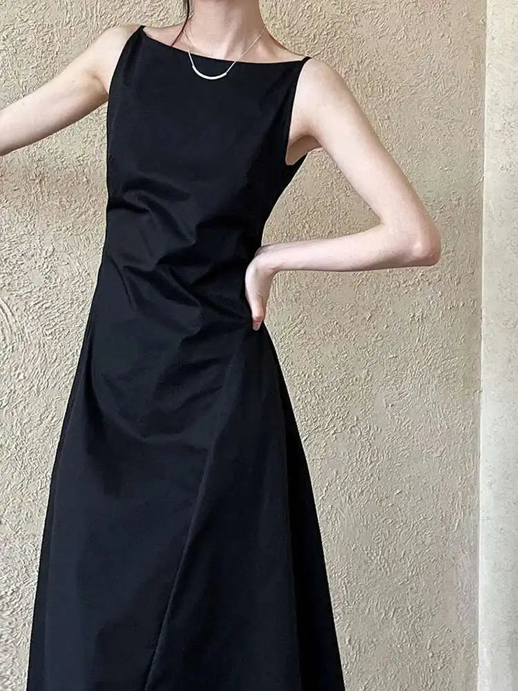 Women Black Pleated Elegant Pleated Long A-line Dress New Round Neck Sleeveless Fashion Tide Spring Summer 2025 1DH6117
