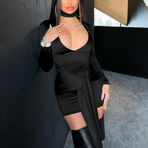 Load image into Gallery viewer, Irregular Sexy Mini Dress For Women Low Cut Long Sleeve Ruched Bodycon Dress Femme Elegant Club Party Sexy Dress New
