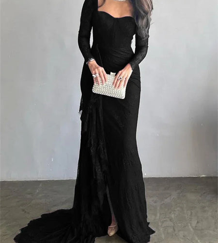 Womens Black Wedding Dresses for Party Evening Formal Bodycon Autumn Floor-Length Elegant Woman Lace Long Dress