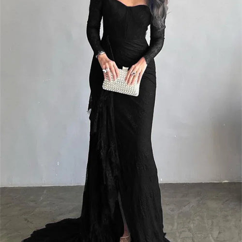 Load image into Gallery viewer, Womens Black Wedding Dresses for Party Evening Formal Bodycon Autumn Floor-Length Elegant Woman Lace Long Dress
