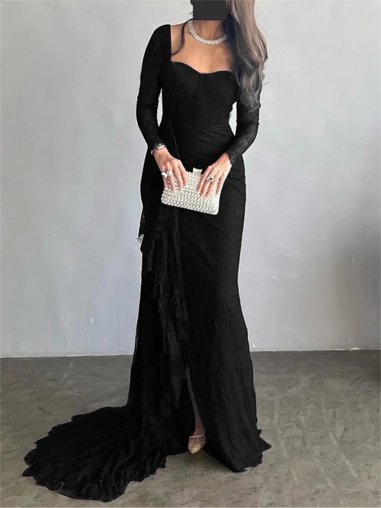 Womens Black Wedding Dresses for Party Evening Formal Bodycon Autumn Floor-Length Elegant Woman Lace Long Dress