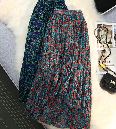 Chiffon Floral Print Skirt Women's Summer Split Pleated Skirt Elastic High Waist A-line Medium Length A Line Plissee Skirts 2022
