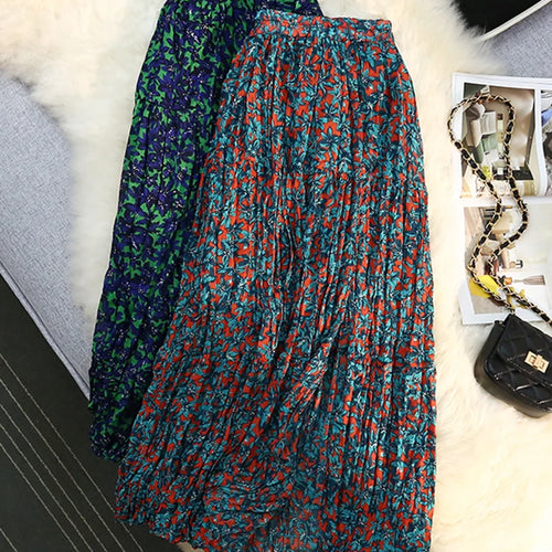 Load image into Gallery viewer, Chiffon Floral Print Skirt Women's Summer Split Pleated Skirt Elastic High Waist A-line Medium Length A Line Plissee Skirts 2022
