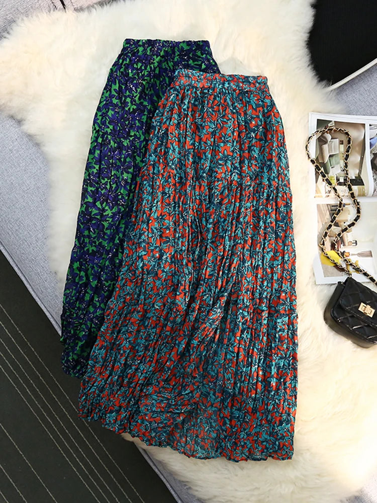 Chiffon Floral Print Skirt Women's Summer Split Pleated Skirt Elastic High Waist A-line Medium Length A Line Plissee Skirts 2022