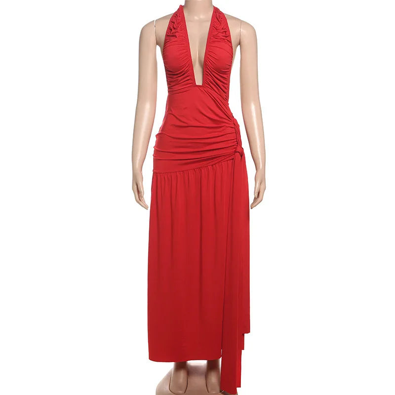 Halter Deep V Neck Sexy Maxi Dress For Women Gown Fashion Solid Sleeveless Backless Draped Ruched Bodycon Long Dress