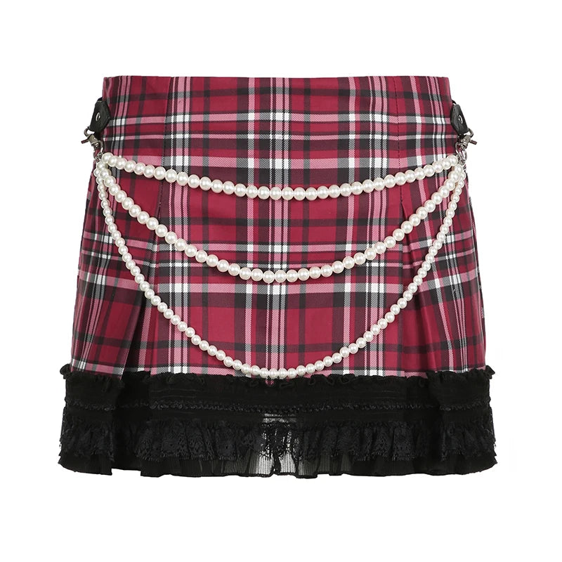 Vintage Y2K Red Plaid Skirt Low Waist England Style Lace Patched Pearls Harajuku Preppy Style Mini Skirt Girls Hottie