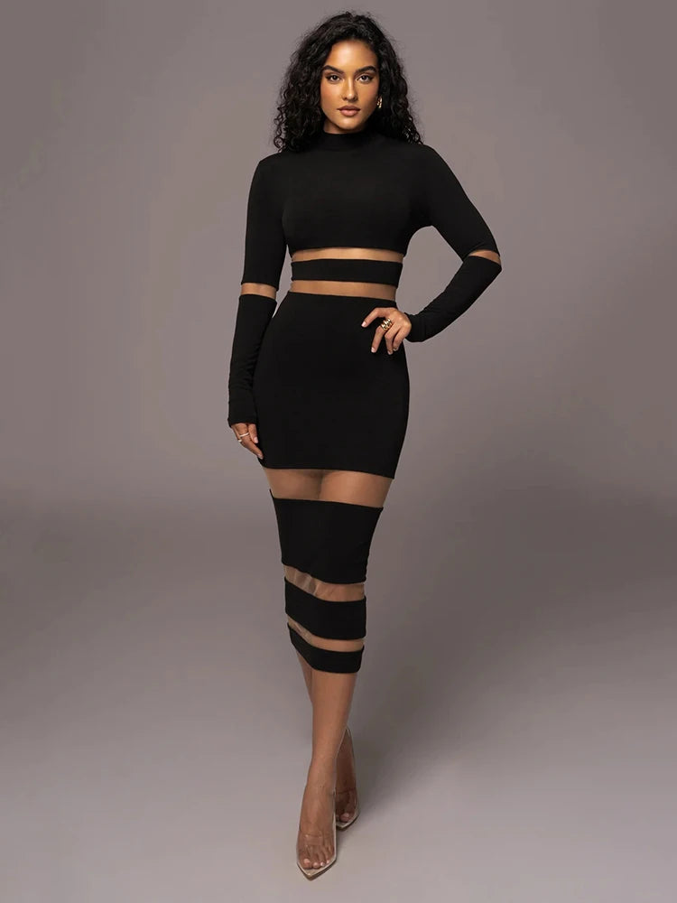 Mesh Patchwork Perspective Long Sleeve Dress For Women's Tight Fit Midi Female Dress Fashion Street Party Club Vestidos